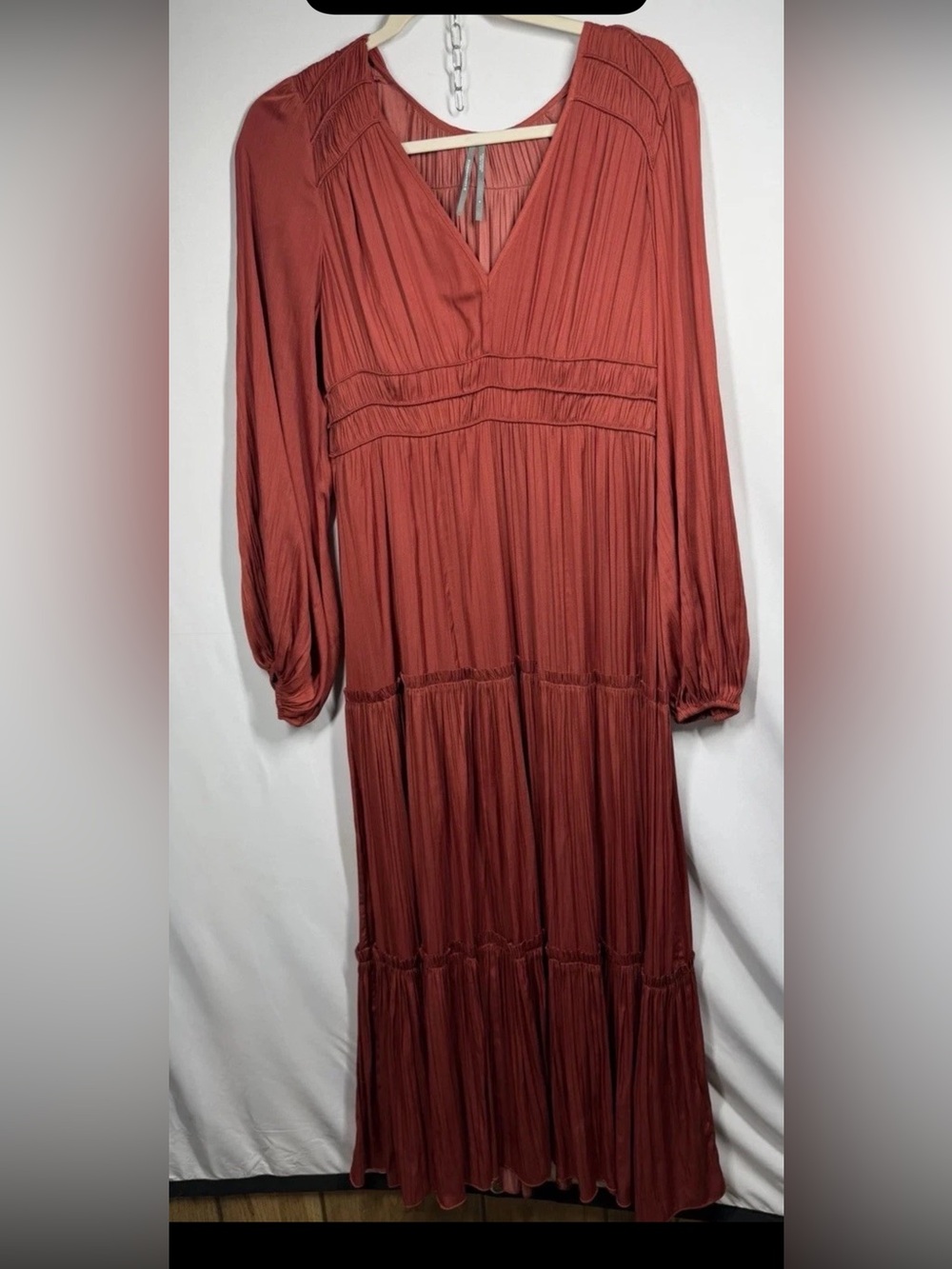 Anthropologie Rust-Tone Pleated V-Neck Maxi Dress
